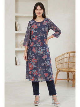 W - Navy Blue Floral Keyhole Neck Straight Kurta