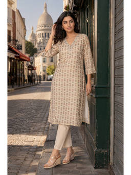 W - Beige Printed V-Neck Straight Kurta
