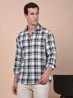 CRIMSOUNE CLUB - Men Olive Checked Pure Cotton Shirt