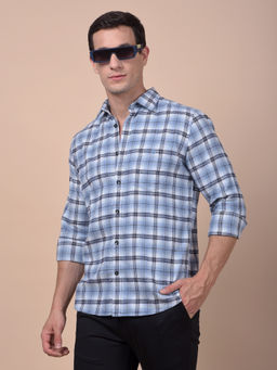 CRIMSOUNE CLUB - Men Blue Checked Pure Cotton Shirt