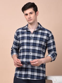 CRIMSOUNE CLUB - Men Blue Checked Pure Cotton Shirt