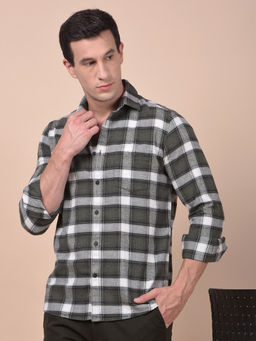 CRIMSOUNE CLUB - Men Olive Checked Pure Cotton Shirt