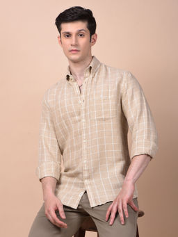 CRIMSOUNE CLUB - Men Beige Checked Pure Cotton Shirt