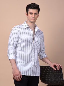 CRIMSOUNE CLUB - Men White Vertical Stripes Pure Cotton Shirt