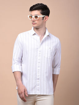 CRIMSOUNE CLUB - Men Beige Vertical Stripes Pure Cotton Shirt