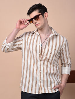 CRIMSOUNE CLUB - Men Brown Vertical Stripes Pure Cotton Shirt