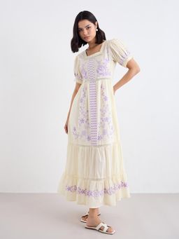 Styli - Women Cream Floral Embroidered Maxi Dress