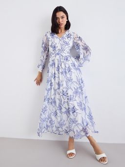 Styli - Women White and Blue Floral Printed Maxi Dress