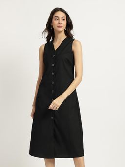 FableStreet - Black Solid A-Line Midi Dress