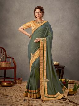 Odette - Olive Tussar Silk Saree with Unstitched Blouse