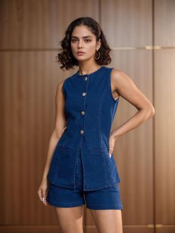 Outzidr - Navy Blue Denim Sleeveless Front Buttoned Top & Shorts