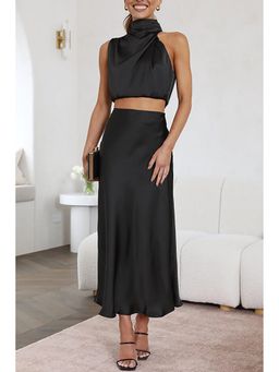 Outzidr - Black Sleeveless High Neck Top & Skirt