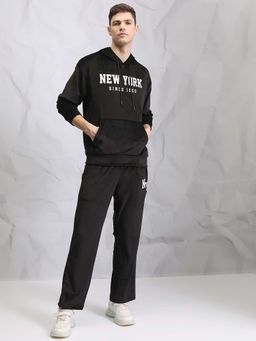 HIGHLANDER - Black Oversized Printed Hooded Sweatshirt with Track Pant (Set of 2)