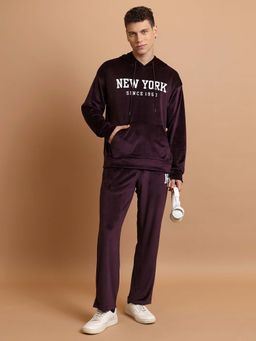 HIGHLANDER - Wine Oversized Printed Hooded Sweatshirt with Track Pant (Set of 2)