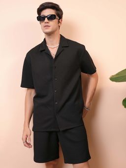 LOCOMOTIVE - Black Premium Quilted Jacquard Relaxed Shirt with Shorts (Set of 2)