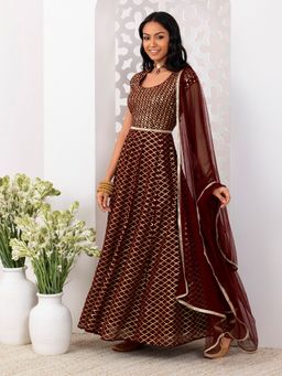 Indya Luxe - Burgundy Red Sequin Anarkali Suit With Churidar And Dupatta (Set of 3)