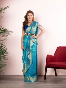 Beatitude - Blue Gold-Toned Floral Zari Silk Blend Banarasi Saree with Unstitched Blouse