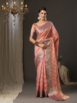Akhilam - Womens Silk Blend Pink Woven Design Designer Saree with Unstitched Blouse