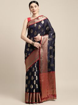 Sangam Prints - Navy Blue Dola Silk Zari Work Traditional Saree with Unstitched Blouse