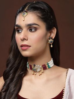 PANASH - Gold Plated Peacock Shaped Pearl and Beads Meenakari Jewellery (Set of 3)