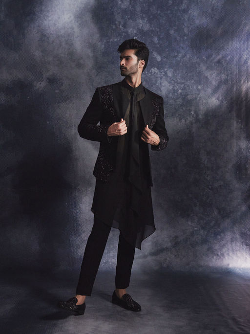 Varun Chakkilam Ebony Black Metallic Open Jacket and Kurta with Trouser (Set of 3)