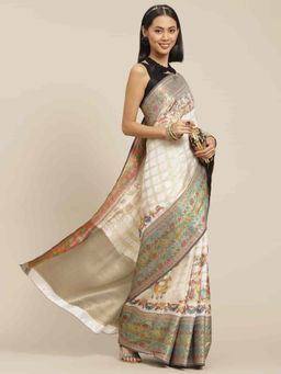 Silk Land - Checks Woven Silk Saree with Unstiched Blouse Piece Off White with Unstitched