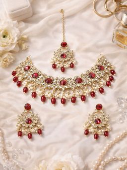 I Jewels - Maroon Gold Plated Traditional Kundan Pearl Drop Bridal Choker Necklace Jewellery Set