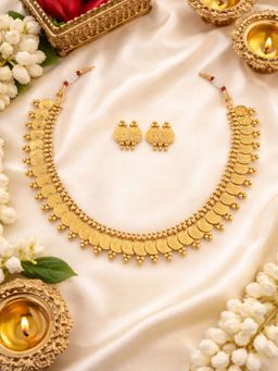 I Jewels - Oxidised Traditional Style Coin Necklace with Earrings