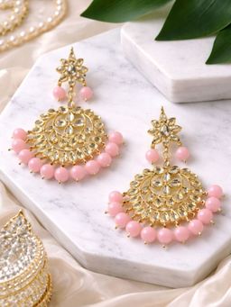 I Jewels - Pink Gold Plated Zinc Alloy Kundan and Pearl Traditional Earrings for Women