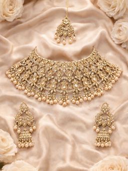 I Jewels - Traditional Kundan & Pearl Drops Bridal Choker Necklace Jewellery Set For Women