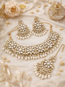I Jewels - Traditional Gold Plated Kundan and White Pearl Jewellery Set