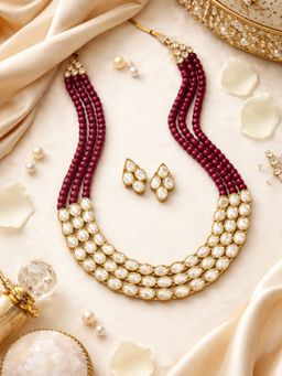 I Jewels - Maroon and White Gold Plated Traditional White Kundan Jewellery Set