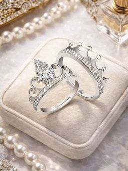I Jewels - Silver Platinum Plated White Stone Adjustable Couple Rings