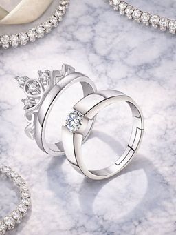 I Jewels - White Stone Silver Platinum-Plated Adjustable Couple Rings (Pack of 2)