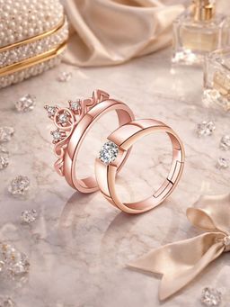 I Jewels - White Stone and Rose Gold Plated Adjustable Couple Rings