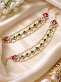 I Jewels - Gold Plated Traditional Multi Layered Kundan Pearl Ear Chain