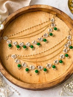I Jewels - Gold Plated Green Traditional Multi Layered Kundan Pearl Ear Chain
