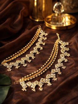 I Jewels - Gold Plated White Traditional Multi Layered Kundan Pearl Ear Chain