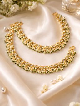 I Jewels - Gold Plated White and Green Traditional Kundan Pearl Ear Chain