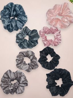 OOMPH - Black- Pink and Grey Satin Silk Scrunchies Set of 8