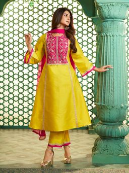 BHAMA COUTURE - Yellow Floral Anarkali Kurta with Pant & Dupatta