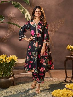 BHAMA COUTURE - Black Floral Anarkali Kurta with Pant