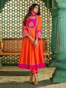 BHAMA COUTURE - Orange Floral Anarkali Kurta with Pant & Dupatta