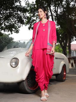 Stylum - Pink Embroidered Kurti with Jacket & Dhoti Pant