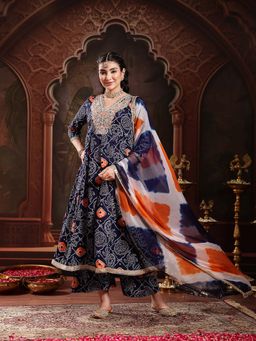 Stylum - Blue Printed Anarkali Kurta with Palazzo & Dupatta