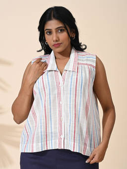 Maba India - Women White Cotton Stripe Shirt