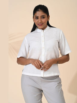 Maba India - Women White Linen Cotton Mandarin Collar Cropped Shirt