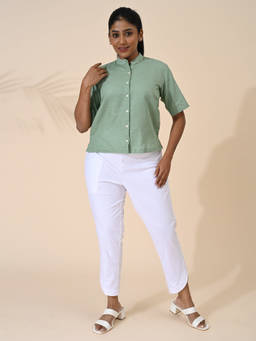 Maba India - Women Green Linen Cotton Mandarin Collar Cropped Shirt