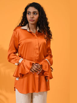 Maba India - Women Orange Satin Silk Poet Sleeve Shirt