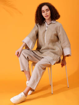 Maba India - Linen Brown Wide Cuffed Sleeve Top and Pant